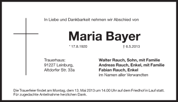 Traueranzeige von Maria Bayer von Pegnitz-Zeitung